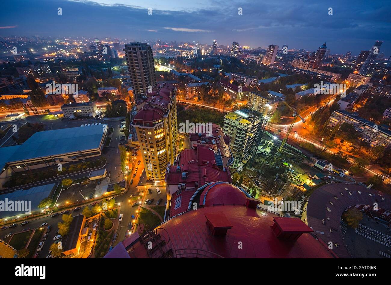 Night view of Kiev city, Ukraine. Panoramic view from rooftop Stock