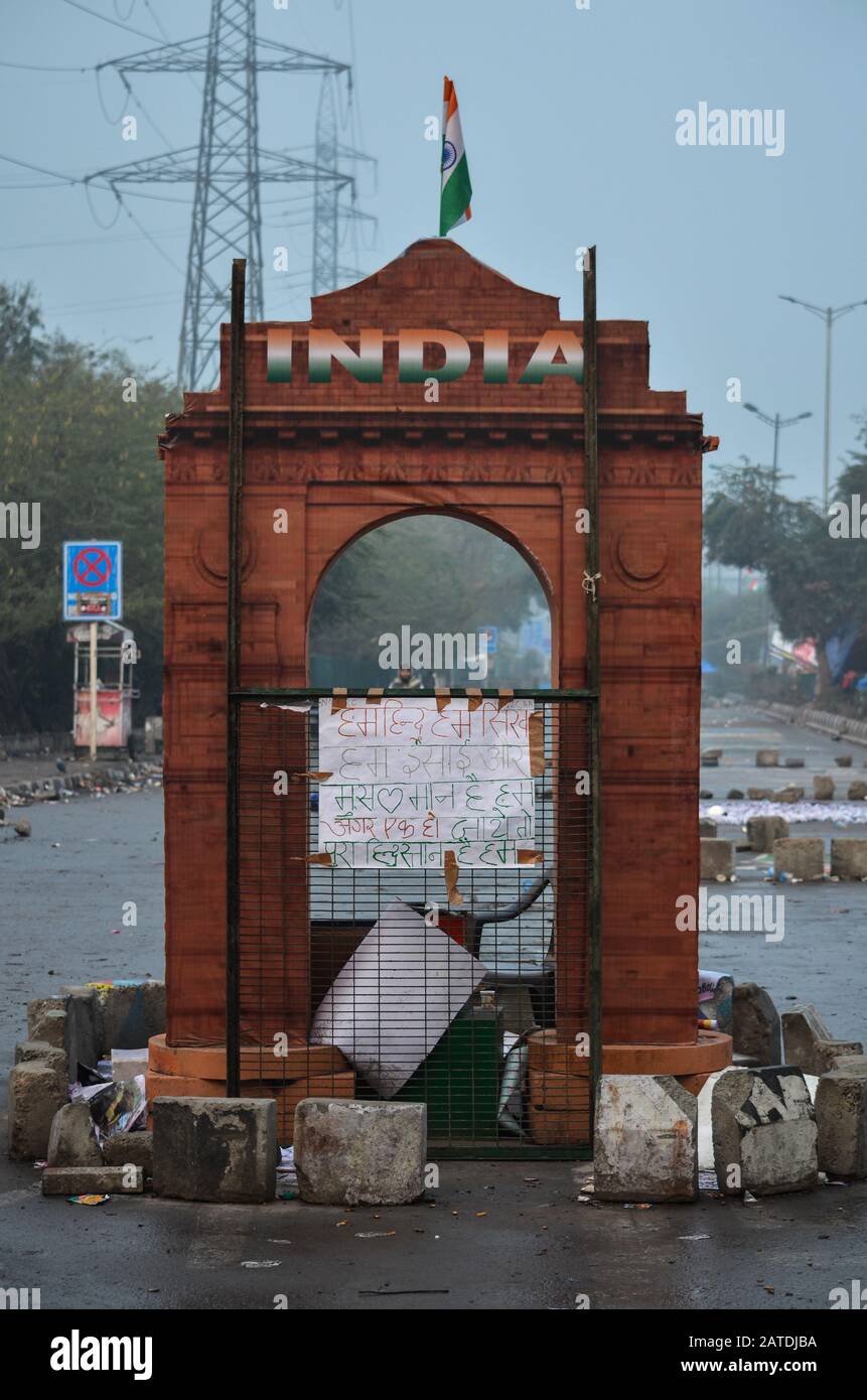 Women Protest against CAA & NRC, Shaheen Bagh, New Delhi, India- January 17, 2020: The replica of India gate at the protest venue, Shaheen Bagh, New Delhi. Stock Photo