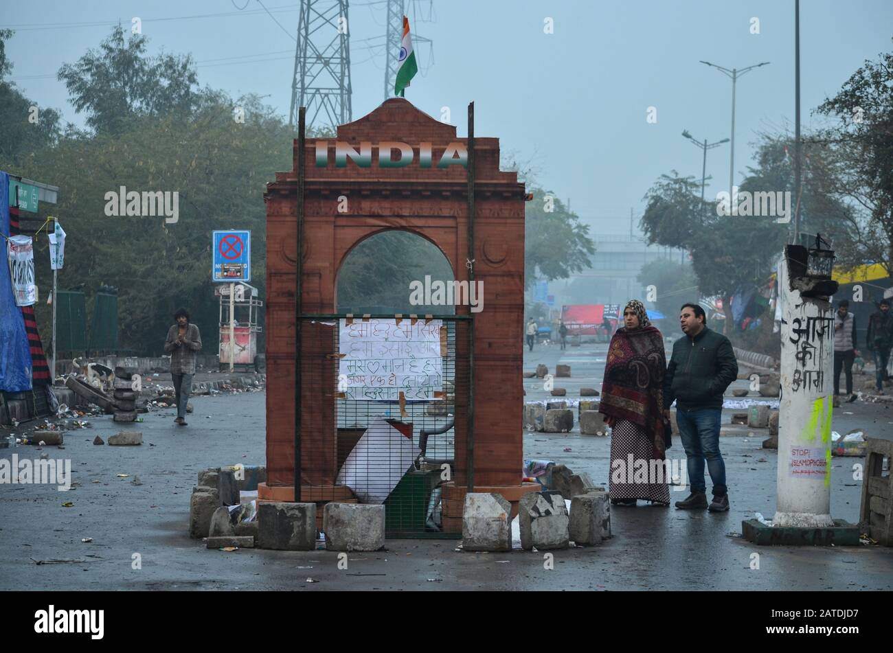 Women Protest against CAA & NRC, Shaheen Bagh, New Delhi, India- January 17, 2020: The replica of India gate at the protest venue, Shaheen Bagh, New Delhi. Stock Photo