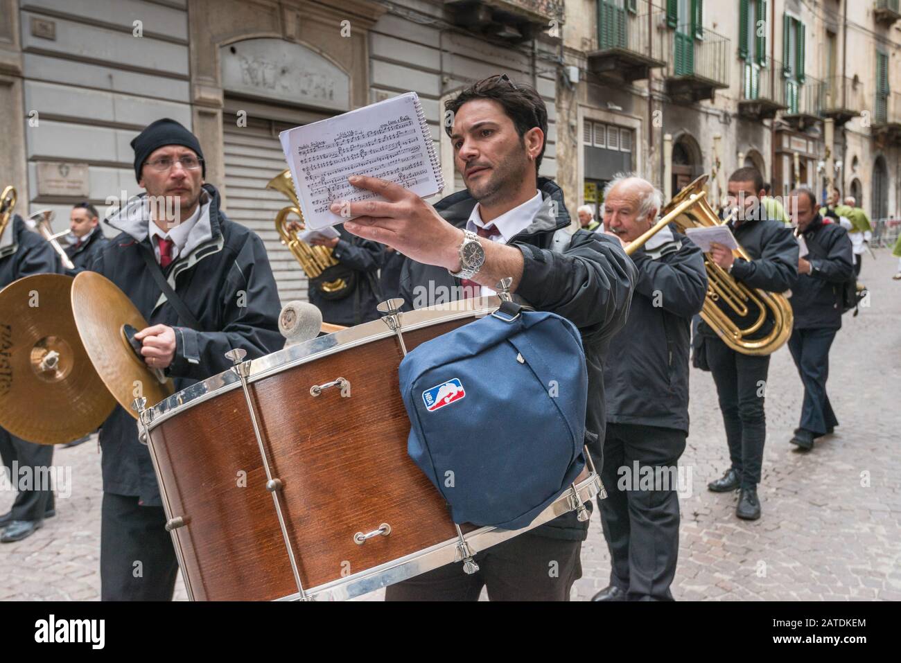 Marching orchestra members at Madonna che Scappa celebration on Easter Sunday at Piazza Garibaldi in Sulmona, Abruzzo, Italy Stock Photo