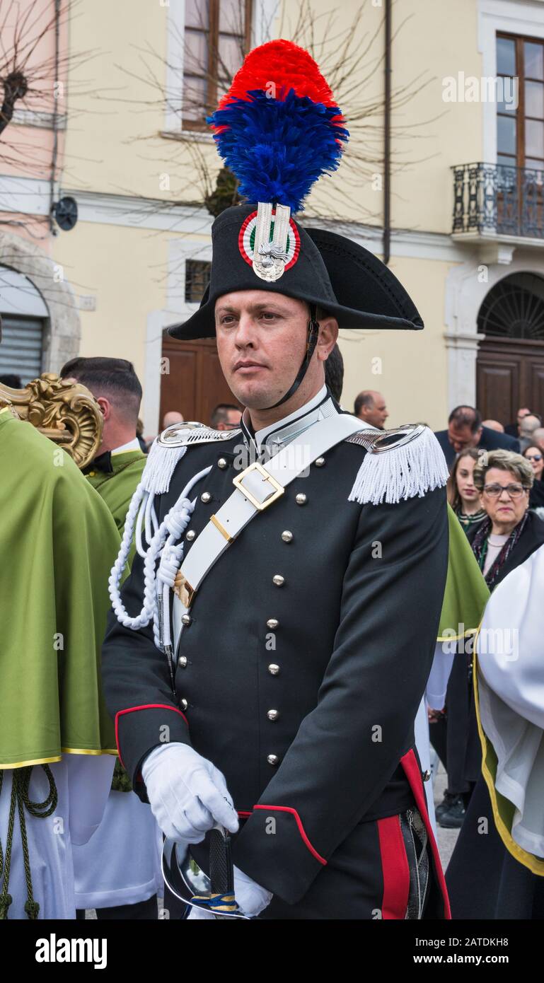 Carabiniere in bicorne hat and full historic uniform, at Madonna che Scappa procession on Easter Sunday in Sulmona, Abruzzo, Italy Stock Photo