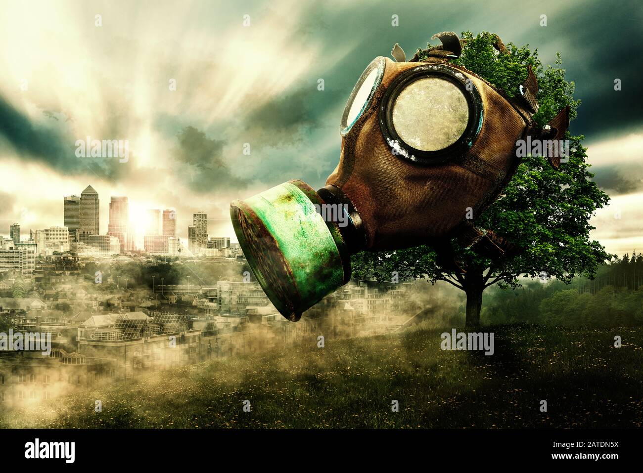 Tree with gas mask, background with city in smog, global warming due to air pollution Stock Photo