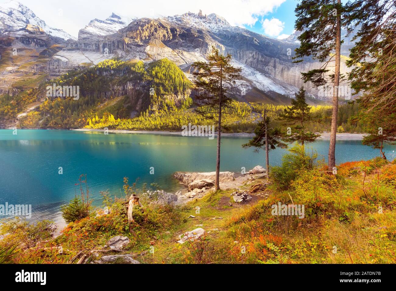 Autumn panorama of Oeschinensee or Oeschinen lake and Swiss Alps near ...