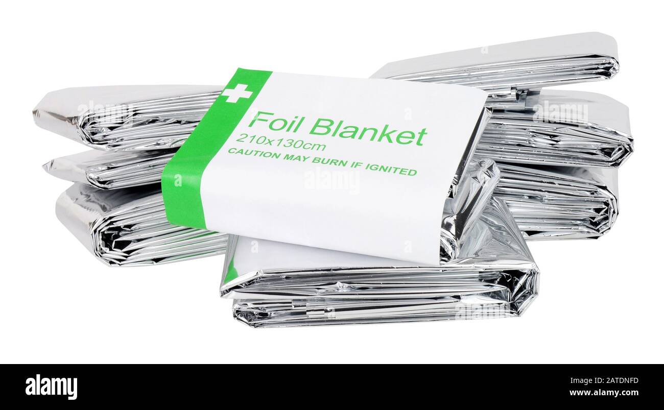 Emergency foil space blankets isolated on a white background Stock Photo