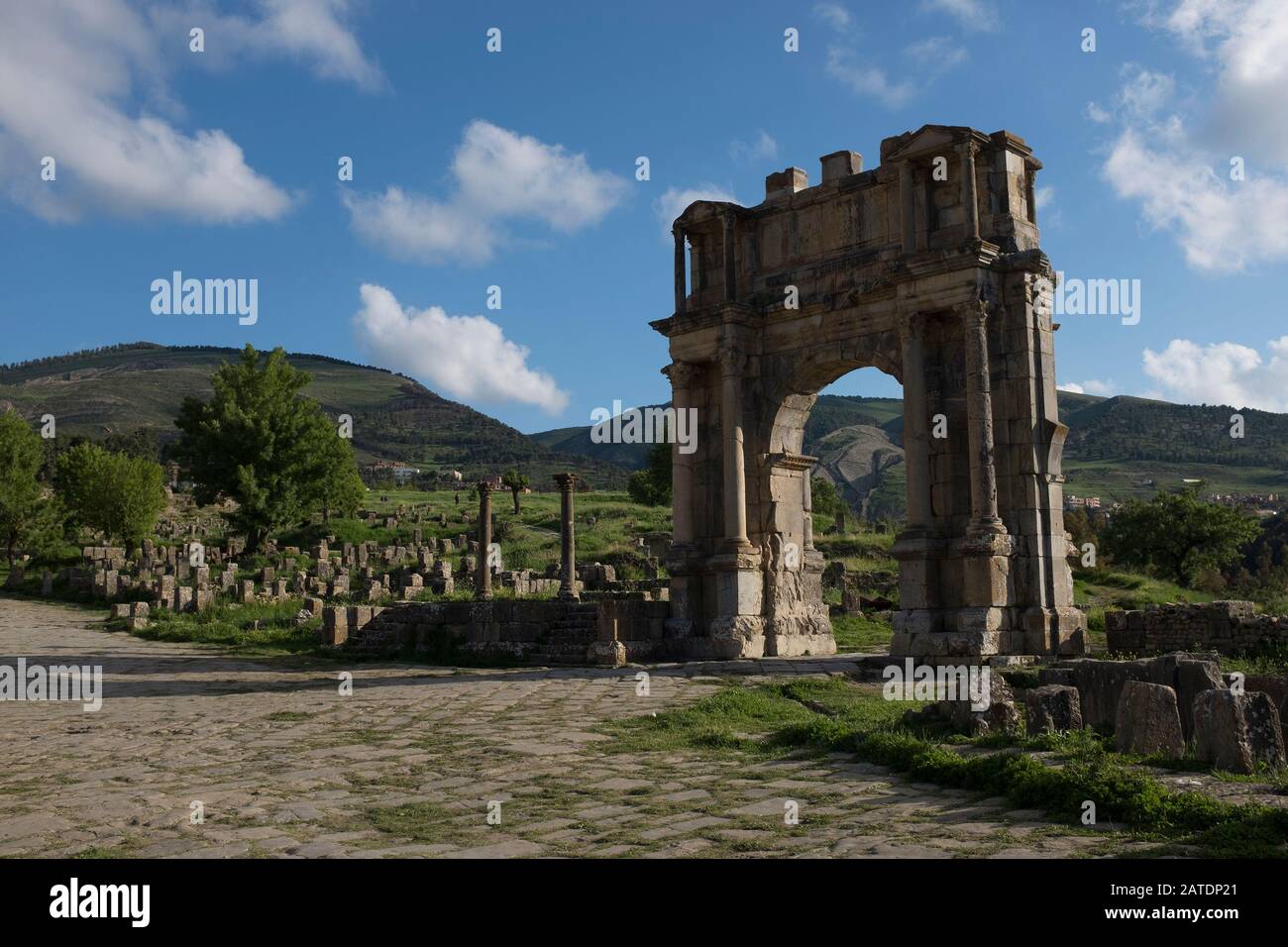 Djemila is the site of the ancient roman village of Cuicul, a UNESCO World Heritage site situated close to Setif in Northern Algeria. Stock Photo