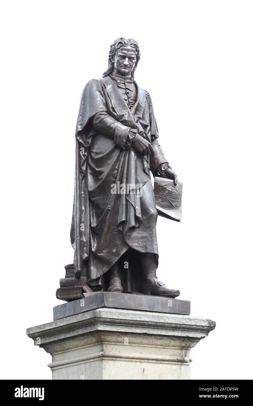 A statue of Sir Isaac Newton, St Peter's Hill, outside the Grantham Guildhall Arts Centre (formerly Grantham's Town Hall), Lincolnshire. Stock Photo