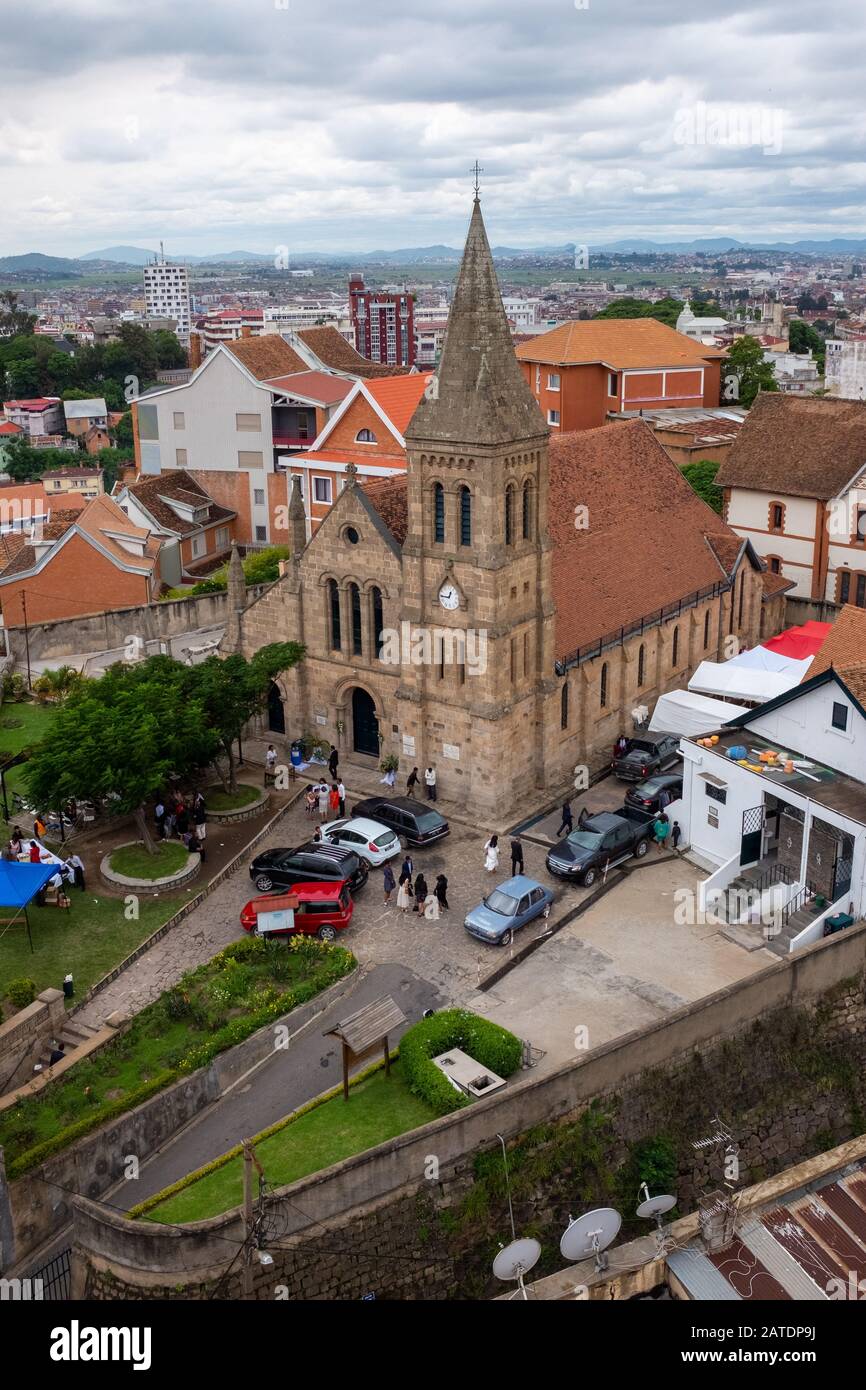 View of a church in Antananarivo, the capital of Madagascar, taken from a high vantage point. Stock Photo