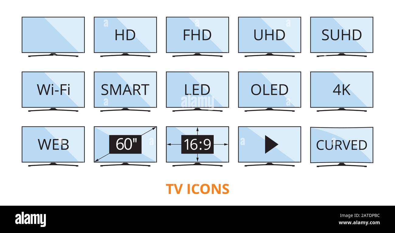 Modern TV icons in flat style with some technical parameters on blue