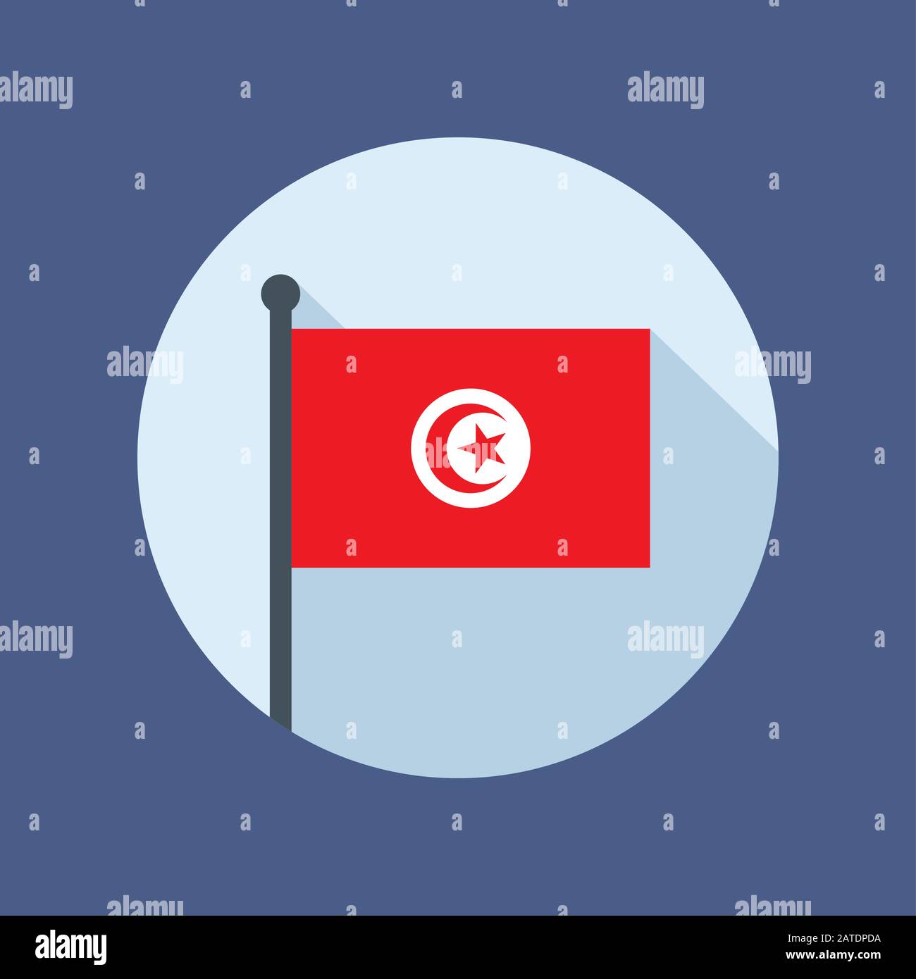 Flag of Tunisia on flagstaff in the circle. Vector flat icon eps8 illustration. Stock Vector