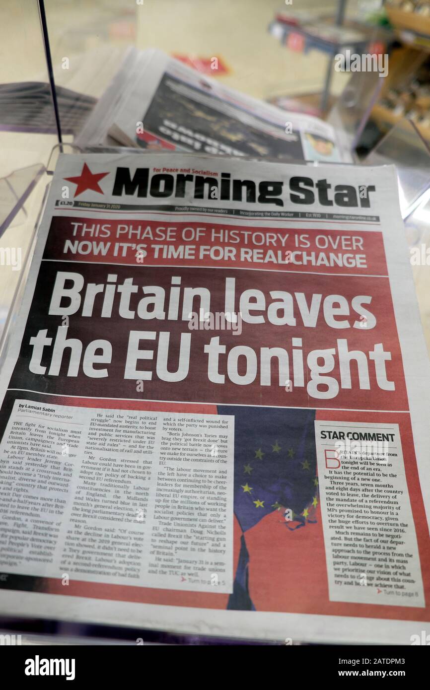 Morning Star Brexit Day newspaper front page headline headlines “Britain leaves the EU tonight” London England UK Stock Photo