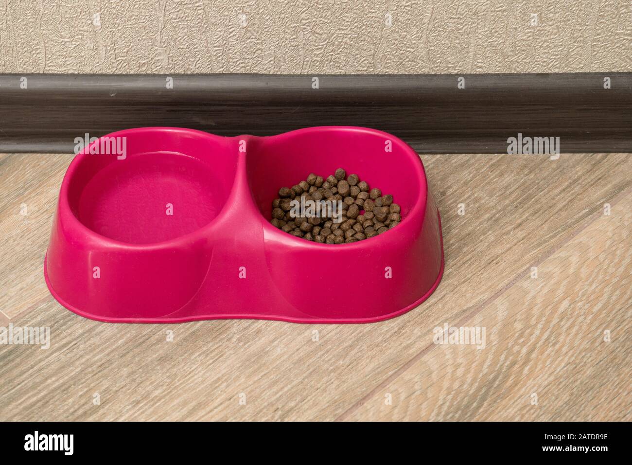 Double, pink plastic bowl for feeding cat stands on light laminate. Cells are filled with dry food and water for drinking. Concept of love and care fo Stock Photo