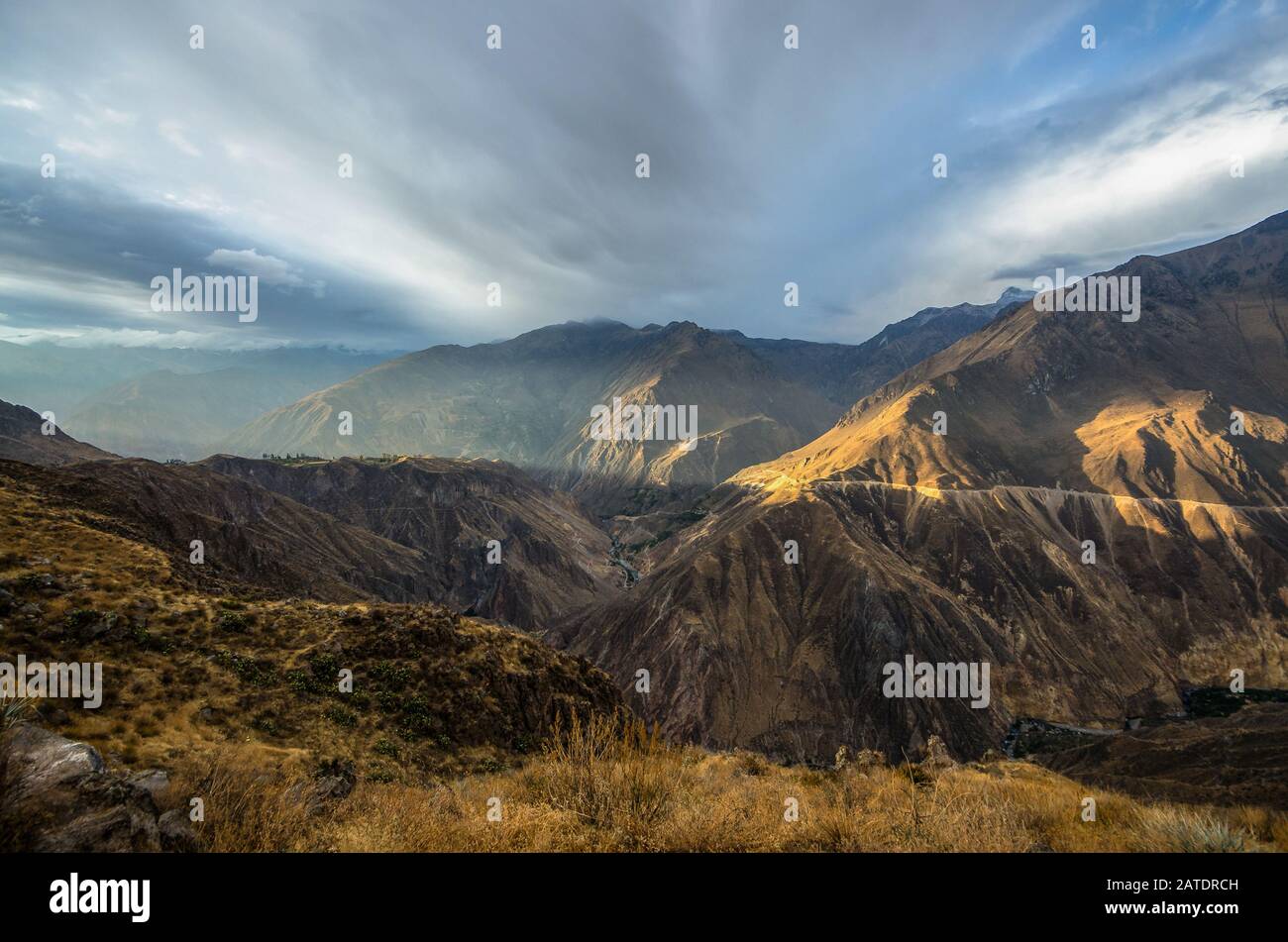 The canyon Colca with rainbow - is the deepest in the world. Colca Peru ...