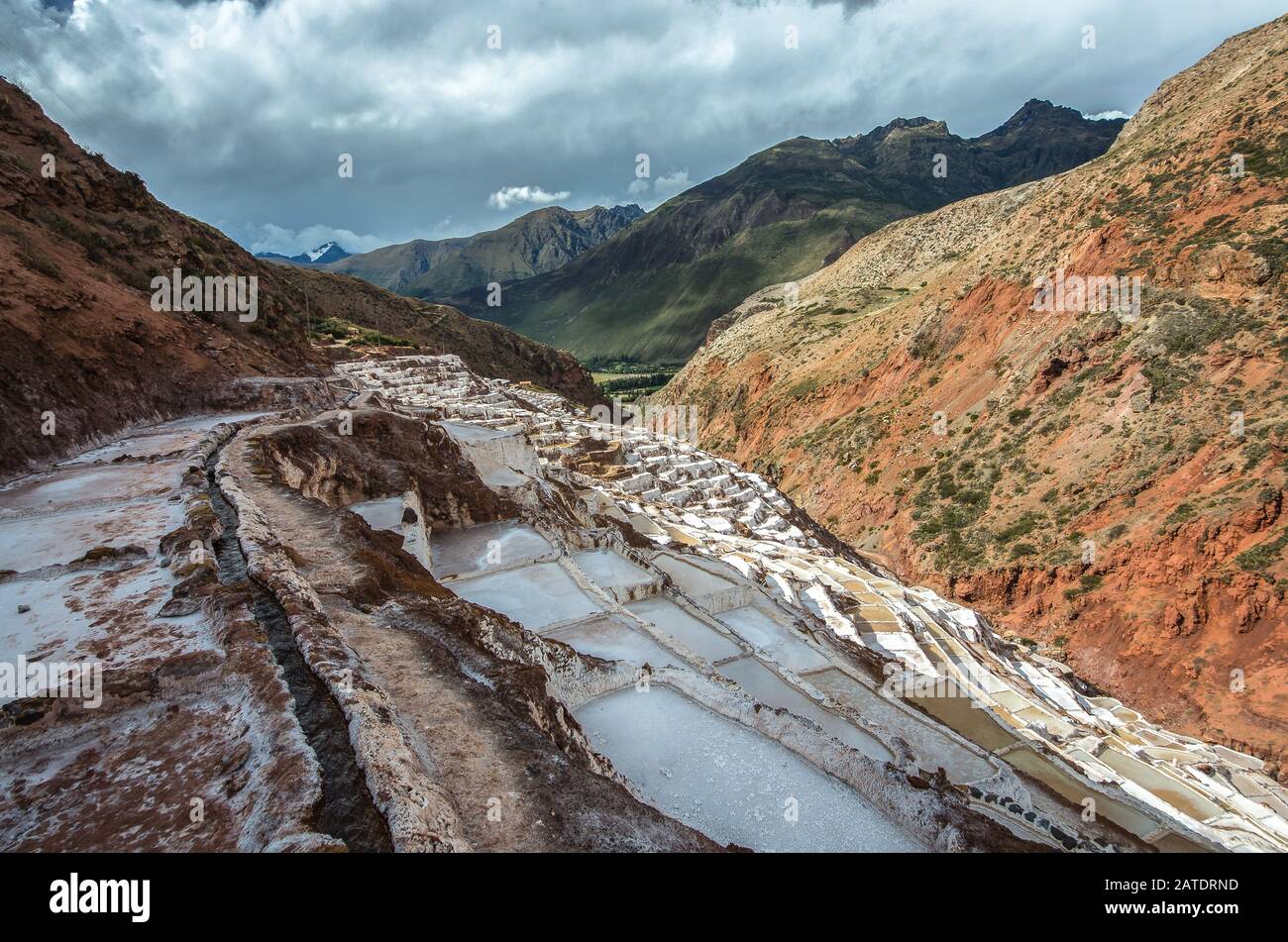 Picturesque view of terraces of Salinas de Maras, Peru. Salt natural ...