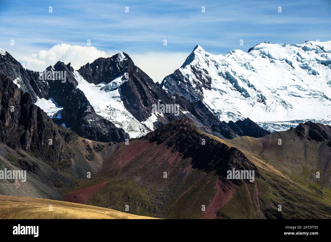 Vinicunca, Peru - Rainbow Mountain (5200 m) in Andes, Cordillera de los Andes, Cusco region in South America. Mountains Peru landscape Stock Photo