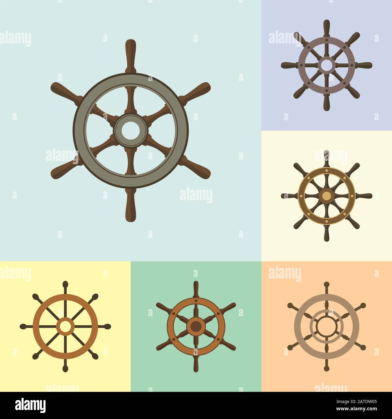 Set of ship helm vector icons flat design. Helm, steering wheel icons ...