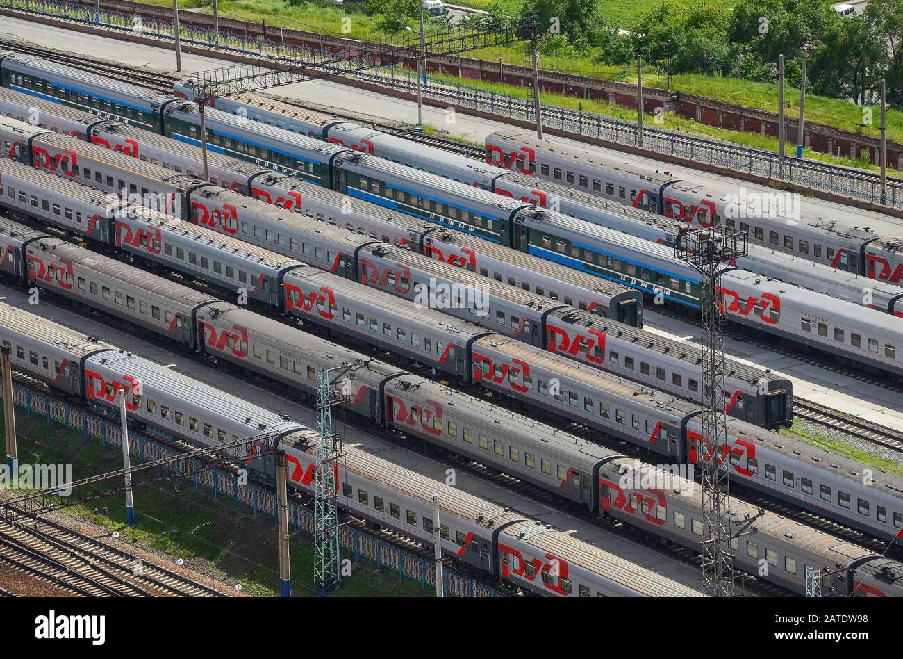 NOVOSIBIRSK, RUSSIA - 15 JULY 2013: Many wagons and trains. Aerial view. Railway transport in Russia, Novosibirsk Stock Photo