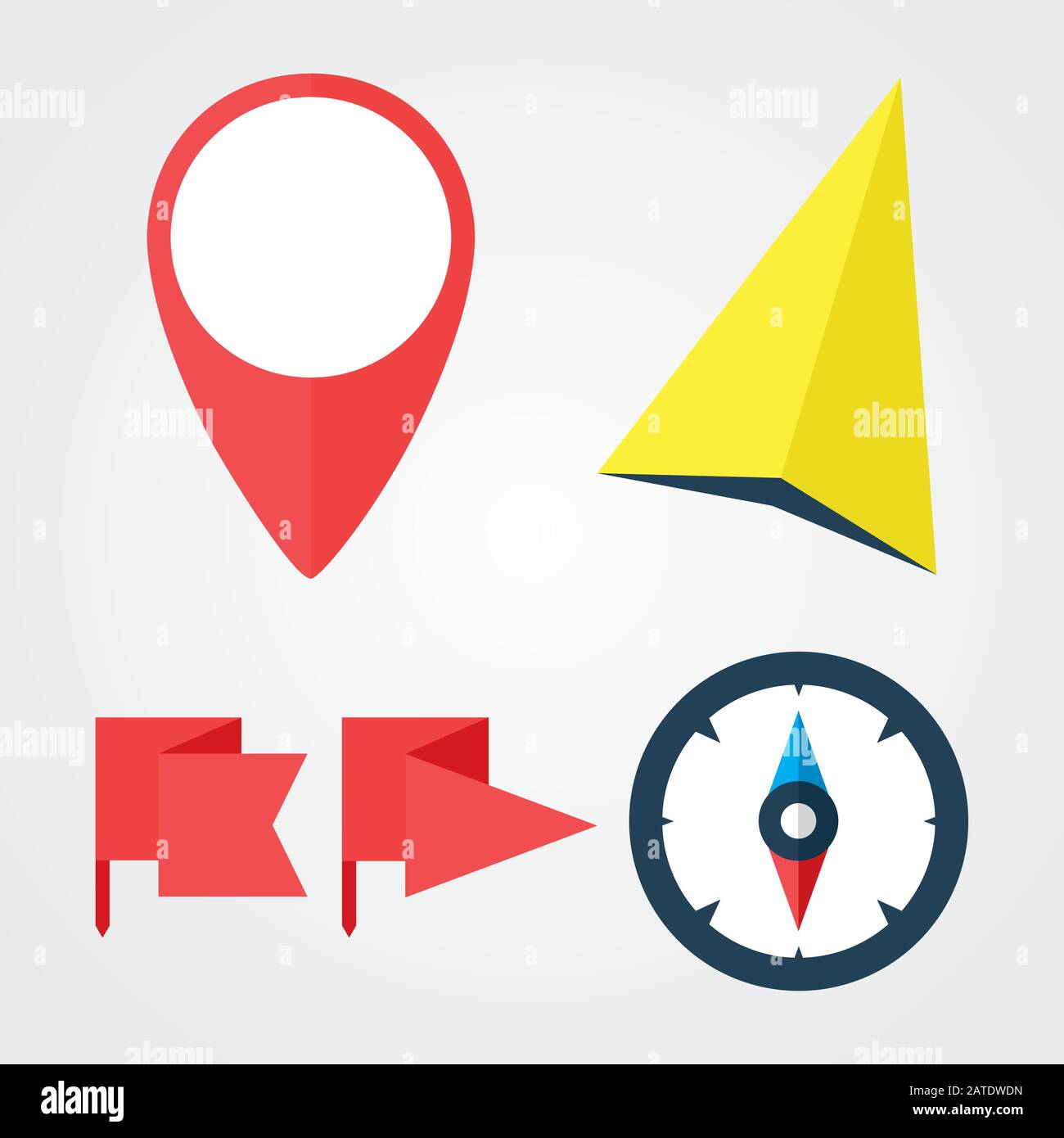 Navigation and location flat icons set. Position label, flag marks