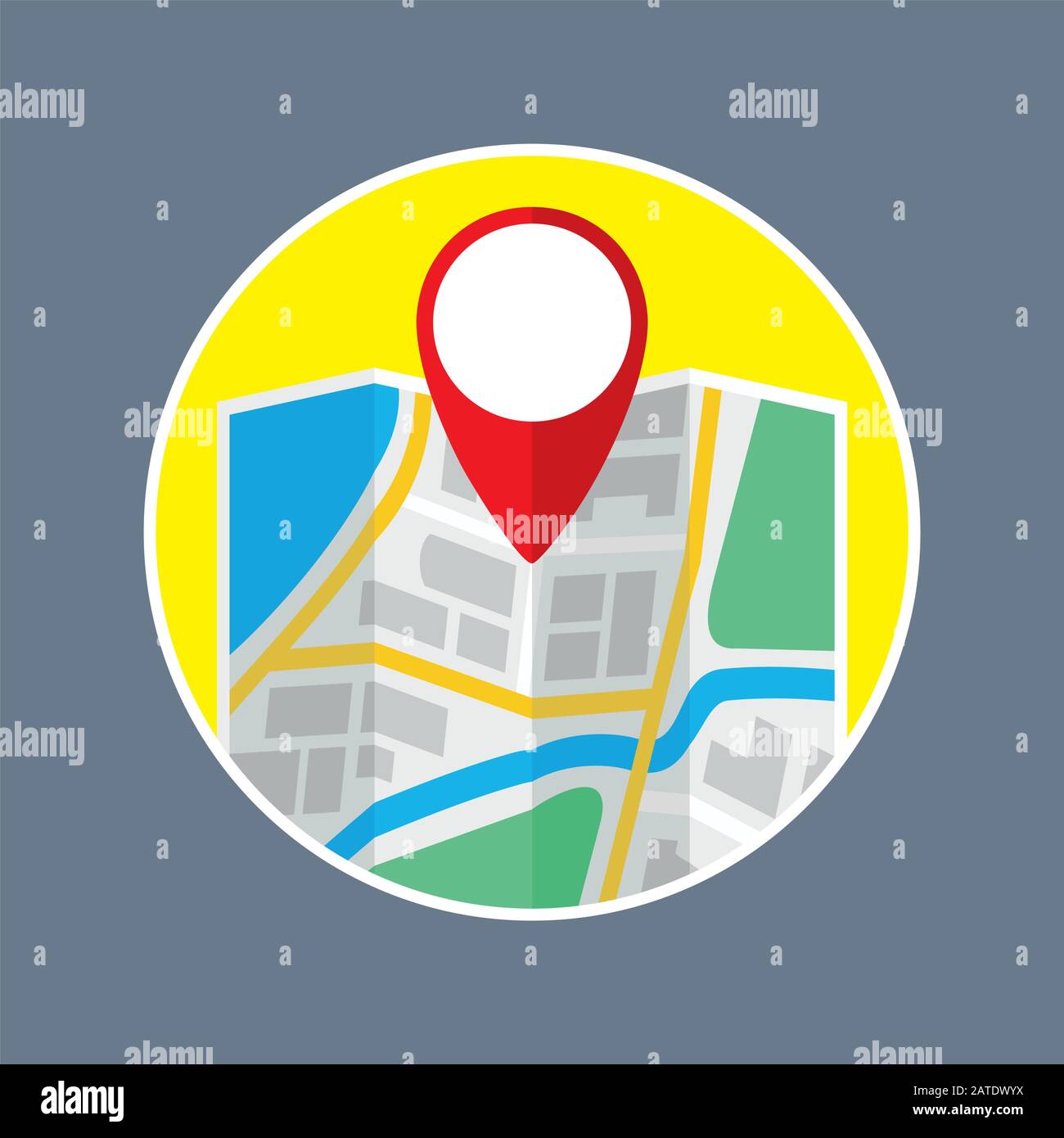 City folding map with GPS location label. Colored flat icon. Vector ...