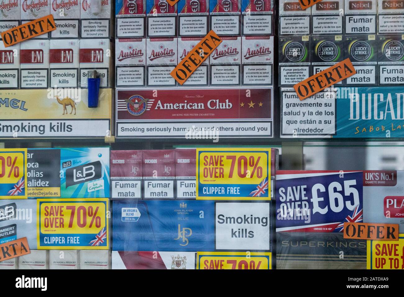 Gibraltar, UK. 02nd Feb, 2020. Tobacco on sale in a tobacco shop on a