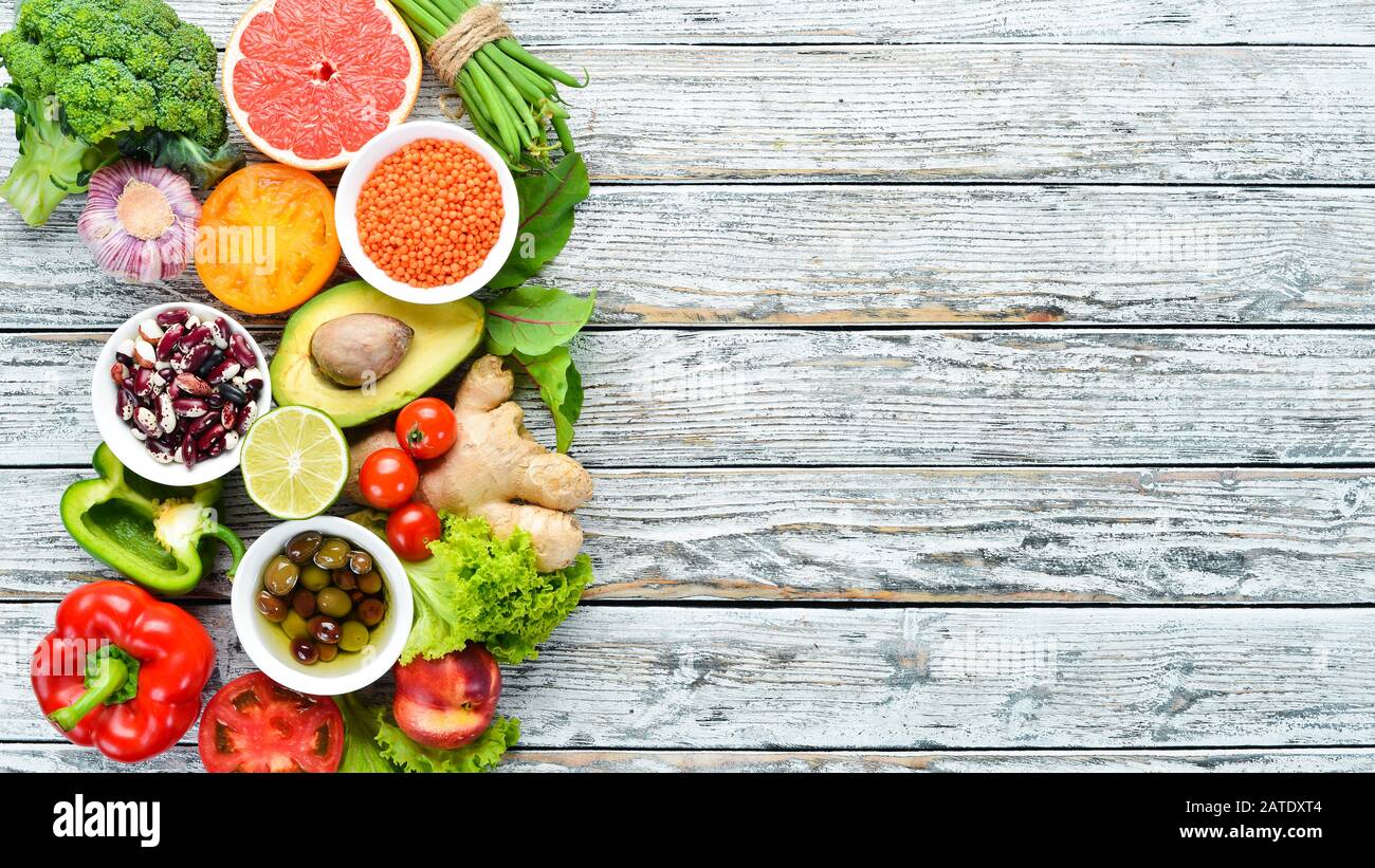 Healthy Organic Food. Fresh fruits and vegetables. Top view. Free space ...