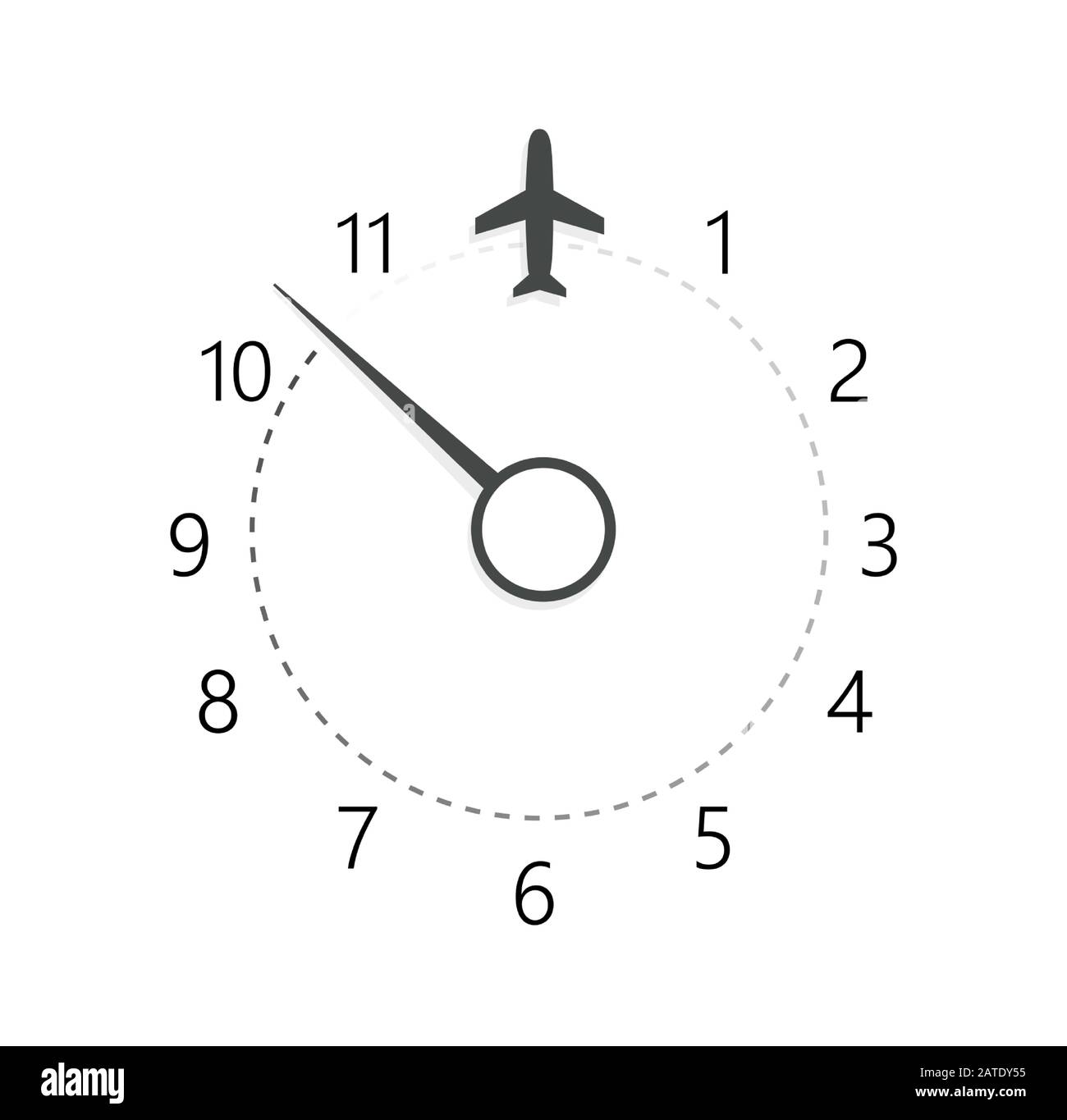 Clock with airplane icon, designation of time before departure, check-in for flight and arrival time symbol. Vector isolated illustration for airport Stock Vector