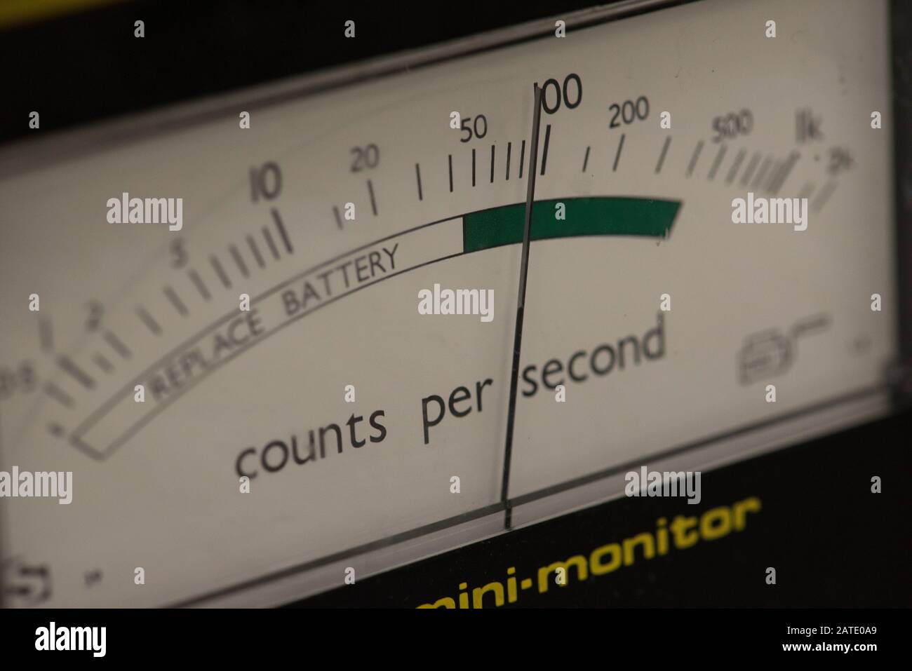 Geiger counter radiation monitor detecting a radioactive source Stock ...