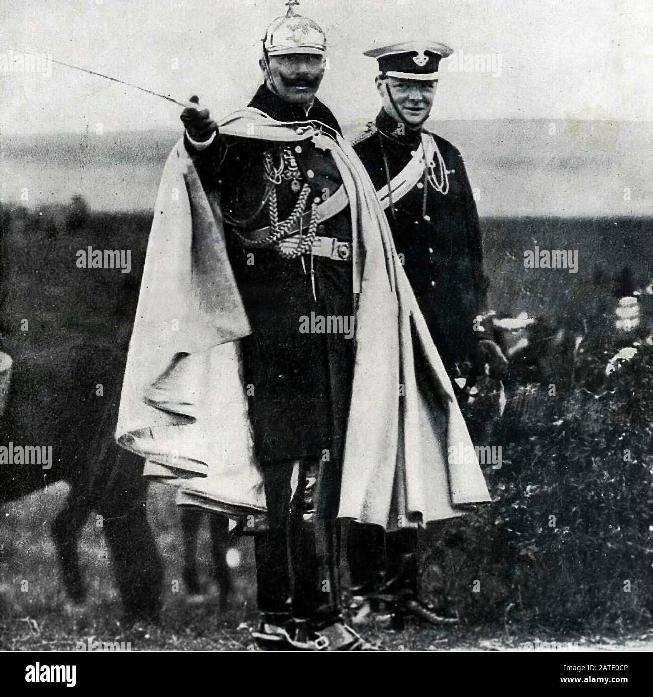 Kaiser Wilhelm II and Winston Churchill observing the German army, 1909 Stock Photo