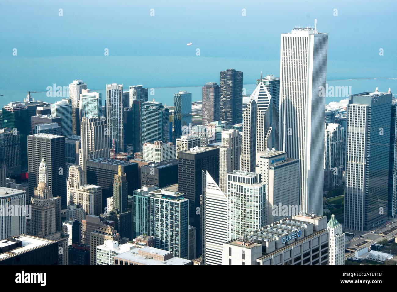 Chicago downtown cityscape with skyscrapers, aerial or birdeyes view