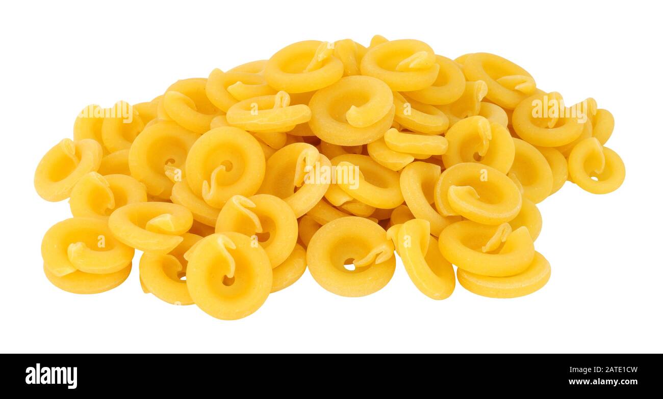 Group of dischi pasta shapes made from Durham wheat isolated on a white background Stock Photo