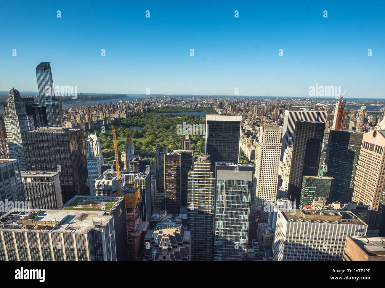 Aerial view of Central Park and Times Square, New York CIty at sunset Stock Photo