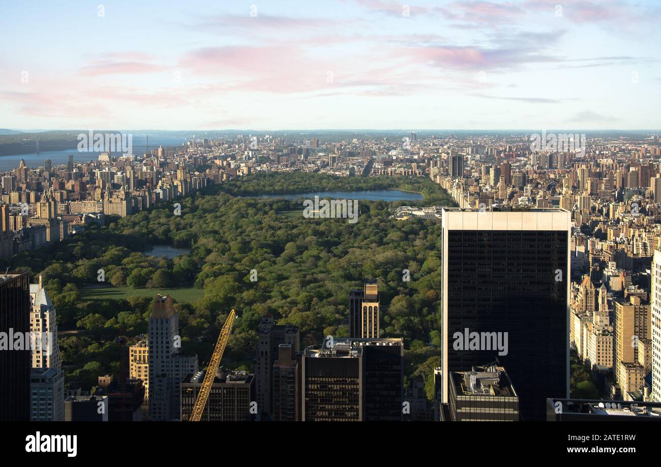 Aerial view of Central Park and Times Square, New York CIty at sunset ...