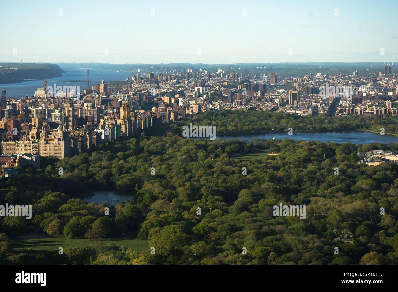 Aerial view of Central Park and Times Square, New York CIty at sunset ...