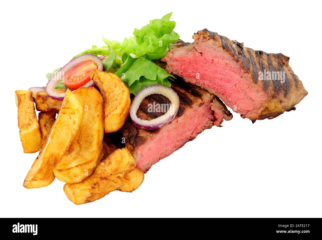 Rare cooked sirloin steak and chips meal with salad, isolated on a