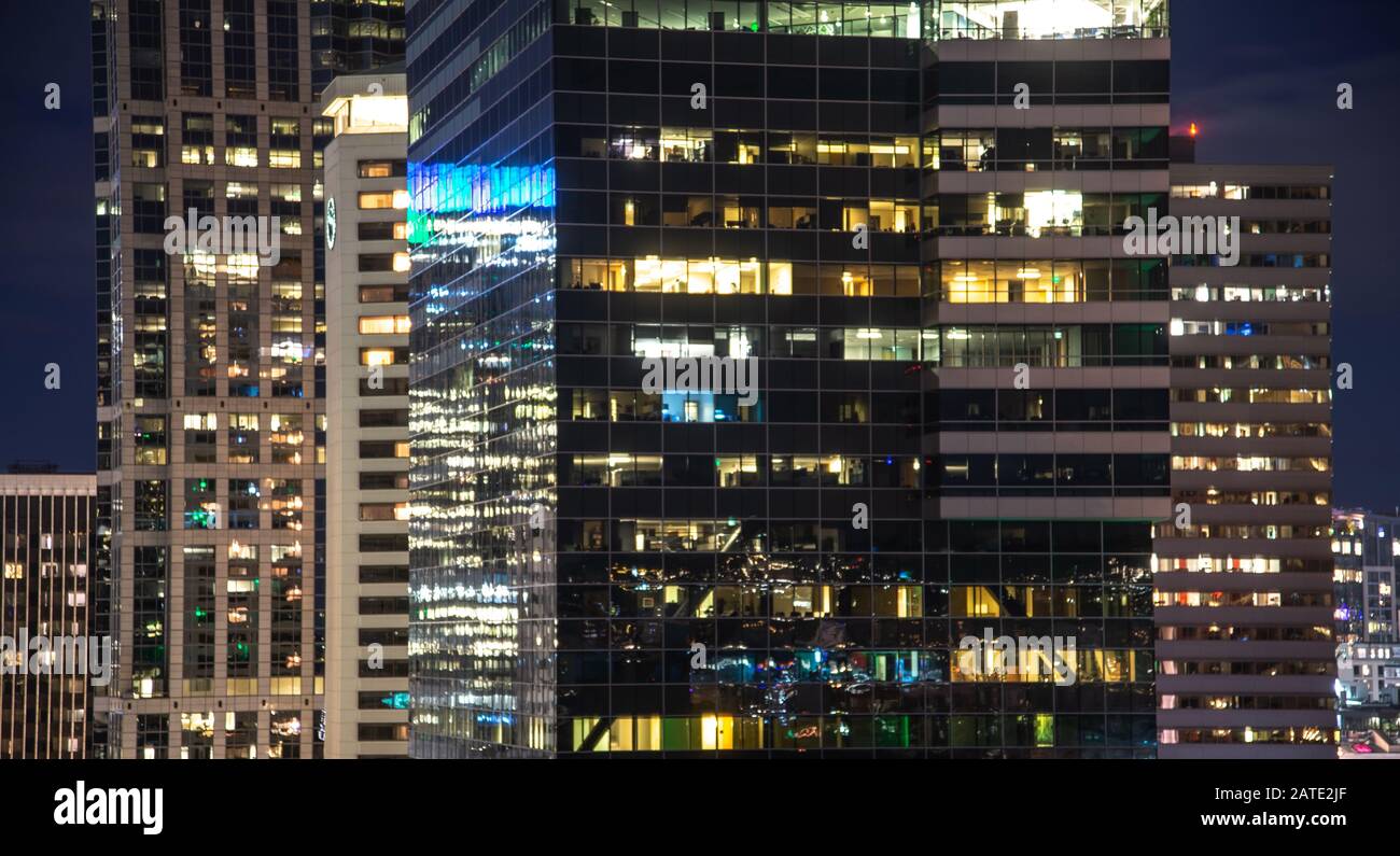 Modern City Background Night View Of Office Building Window Close Up At Seattle Usa Stock Photo Alamy