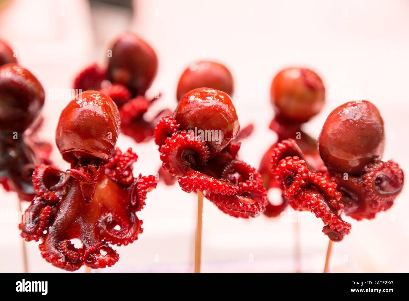 Baby marinated octopus on a stick. Japanese delicacy at a fish market