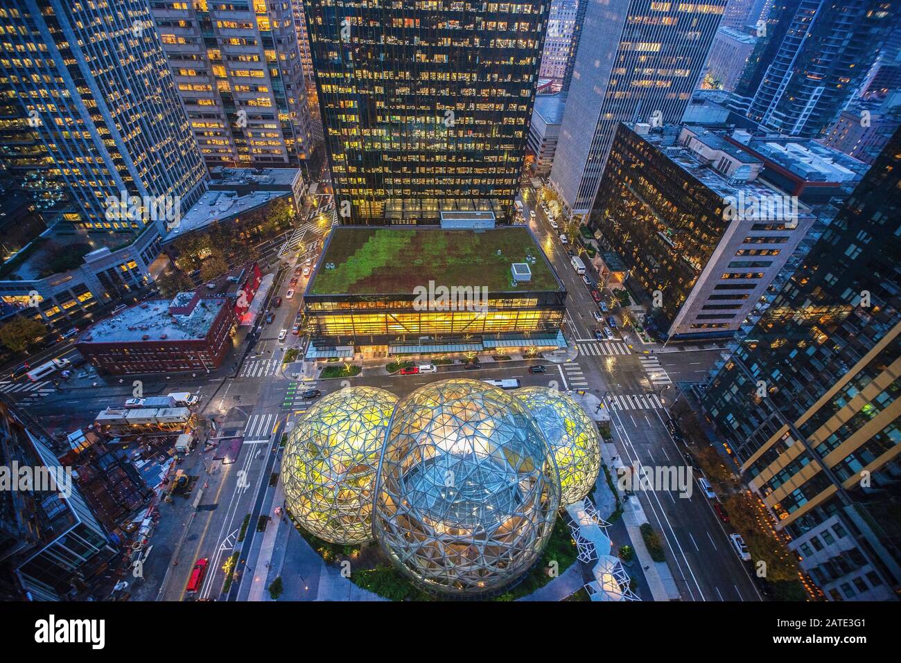 12/22/2018 Aerial view of the Amazon Spheres at its Seattle