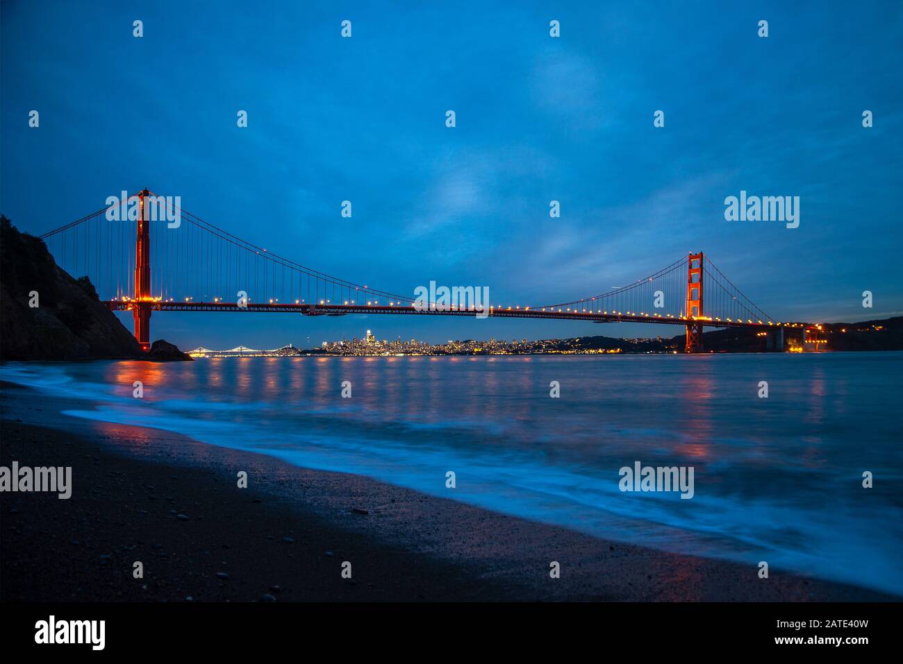 Golden Gate Bridge San Francisco California Night view from Kirby beach at night time with long exposure Stock Photo