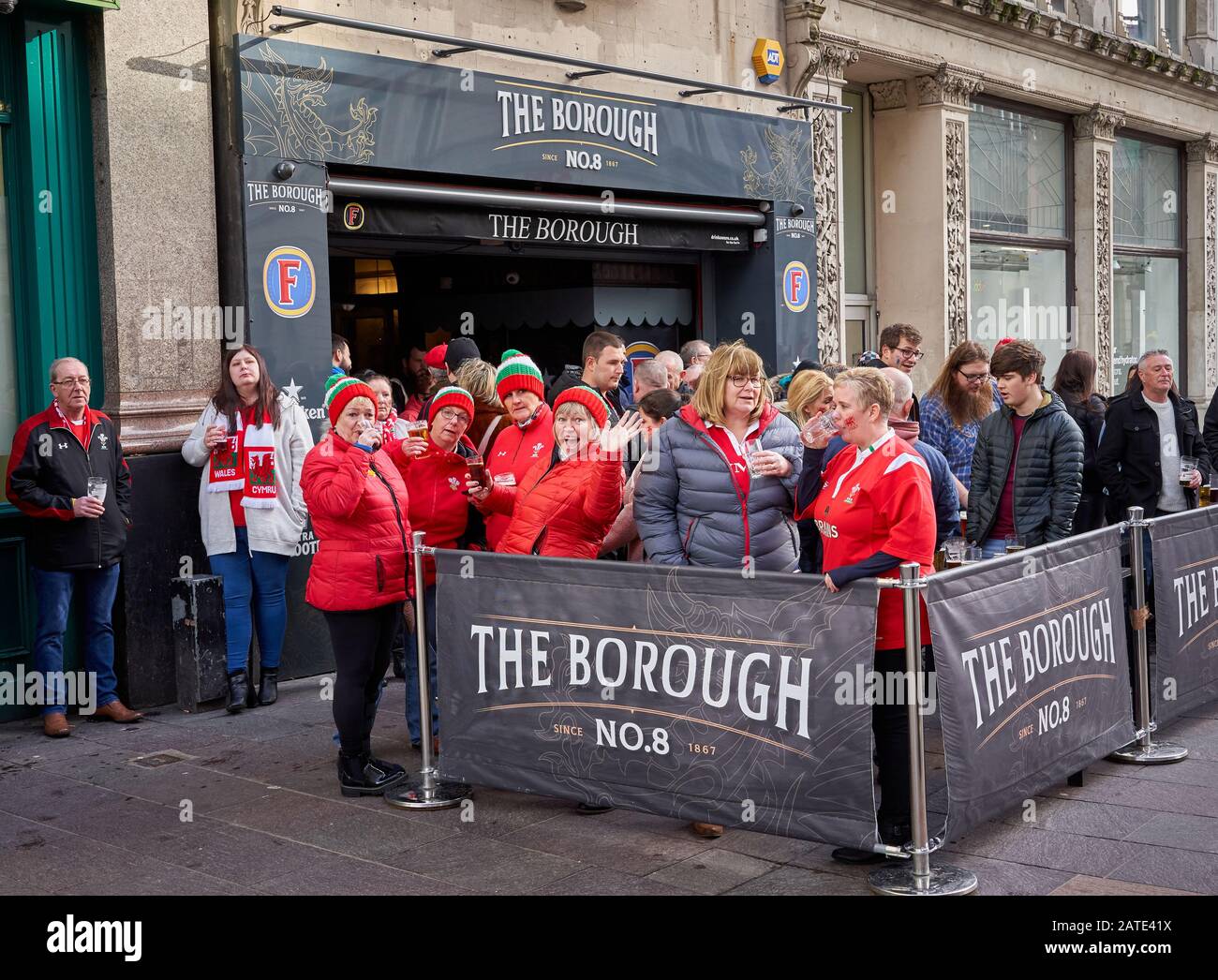 Rugby fans enjoying a drink outside The Borough pub on Cardiff's St Mary's Street, match day, Six Nations 2020 Stock Photo