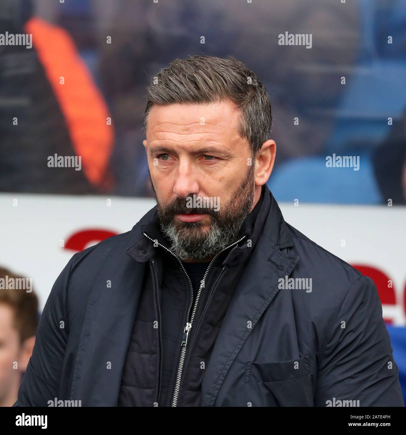 Derek McInnes, manager of Aberdeen football club, taken at Ibrox football stadium at the game of Rangers FC vs Aberdeen Stock Photo