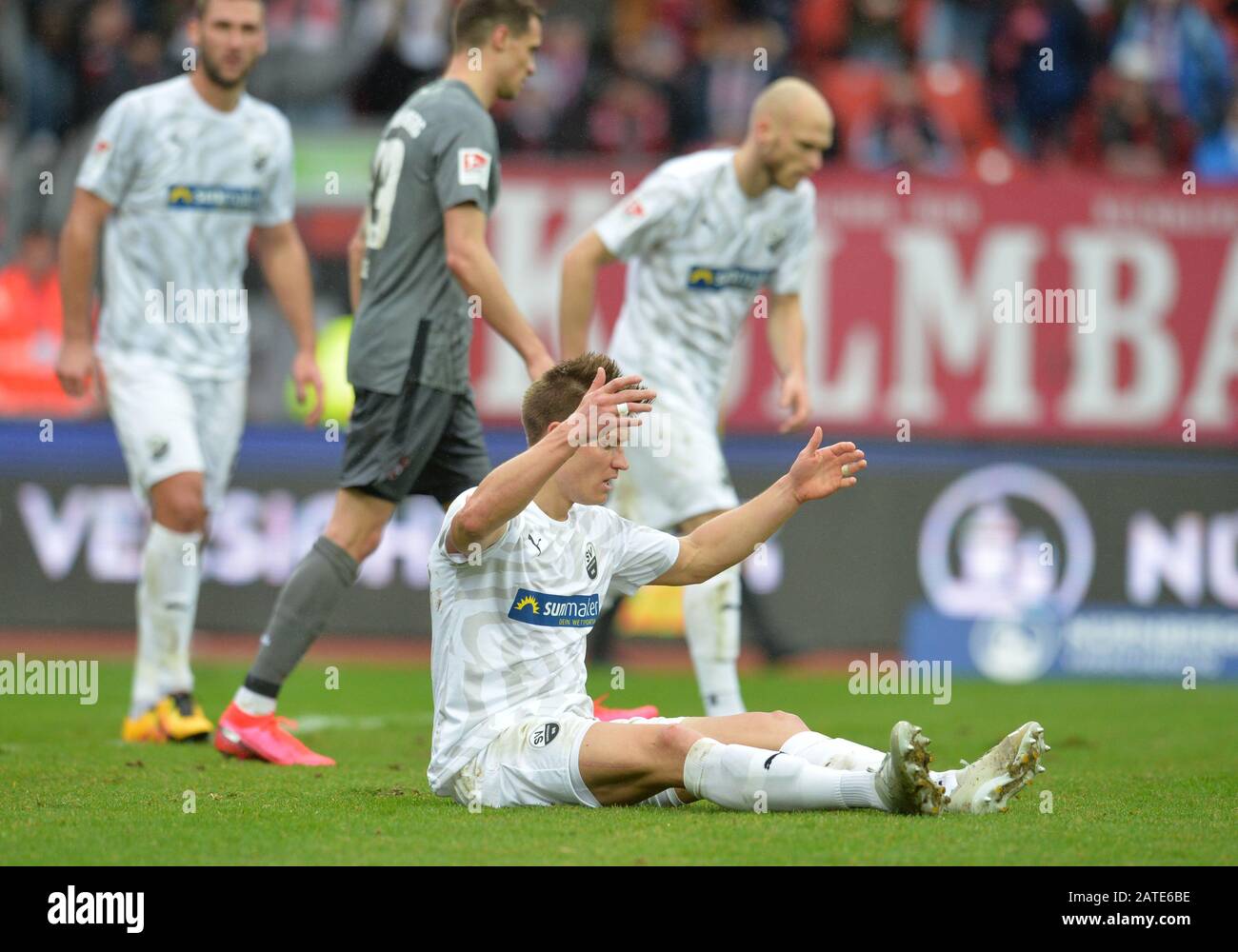 Nuremberg, Germany. 02nd Feb, 2020. Football: 2nd Bundesliga, 1st FC Nürnberg - SV Sandhausen, 20th matchday at the Max Morlock Stadium. Kevin Behrens von Sandhausen. Credit: Timm Schamberger/dpa - IMPORTANT NOTE: In accordance with the regulations of the DFL Deutsche Fußball Liga and the DFB Deutscher Fußball-Bund, it is prohibited to exploit or have exploited in the stadium and/or from the game taken photographs in the form of sequence images and/or video-like photo series./dpa/Alamy Live News Stock Photo