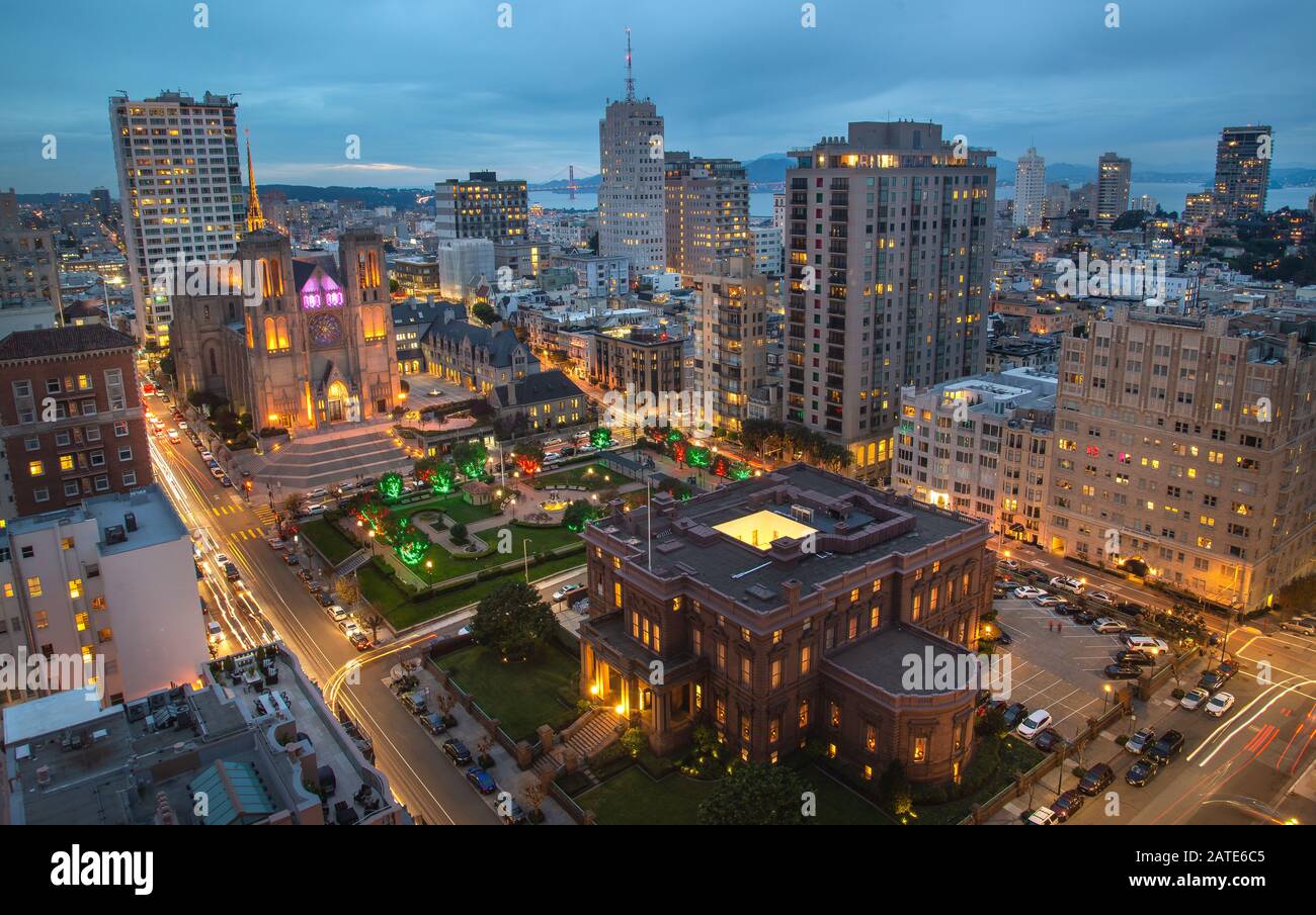 Huntington Park and Grace Cathedral in San Francisco aerial view at evening dusk time with illumination Stock Photo