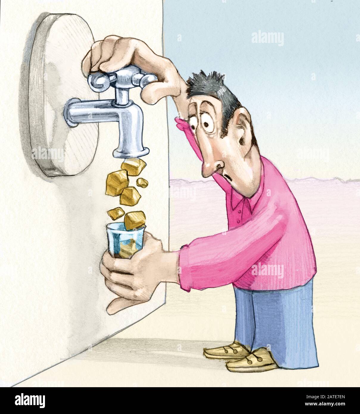man opens tap but no water comes out stones come out He has a worried and astonished expression humorous political illustration Stock Photo