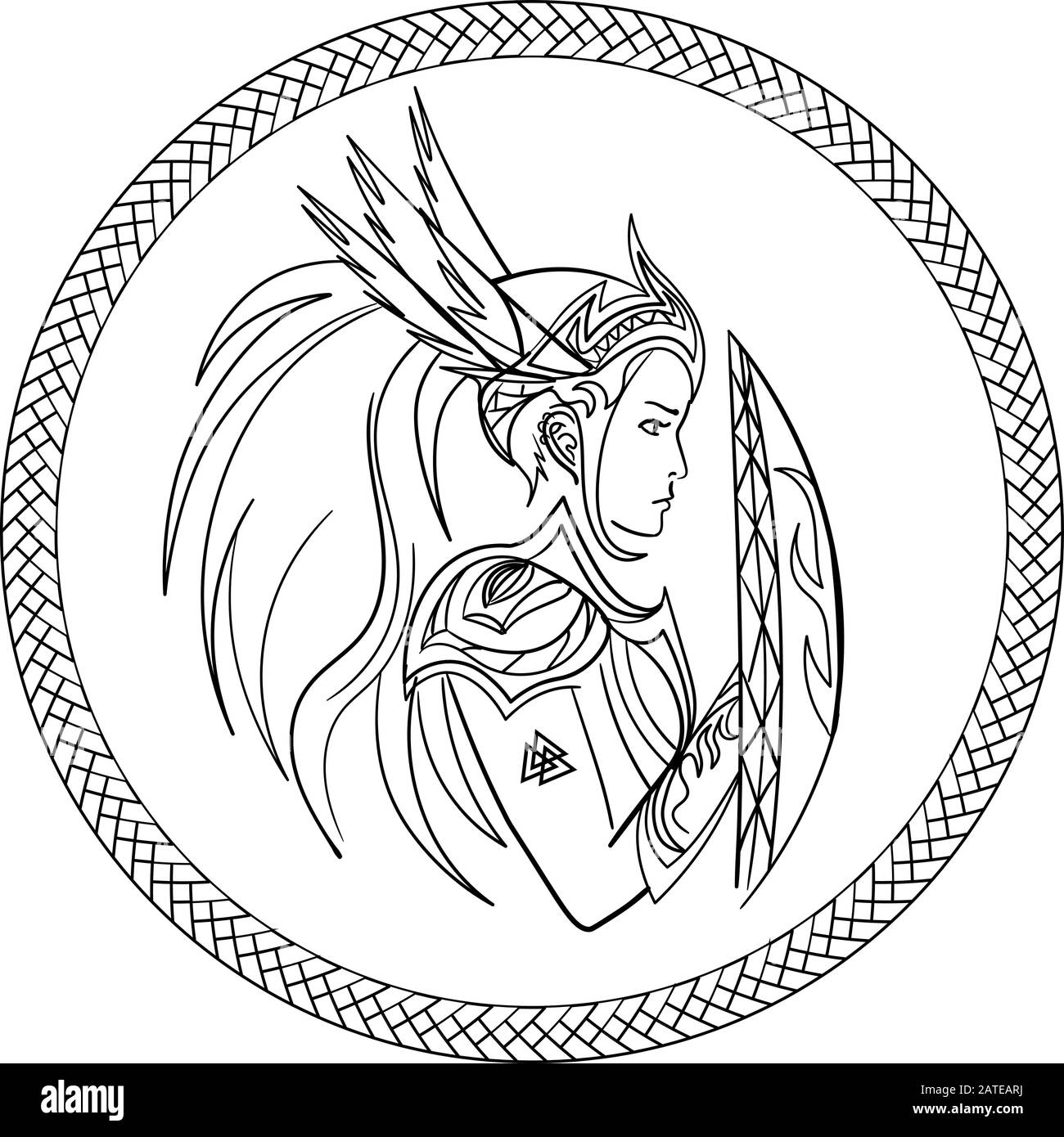Contour valkyrie, scandinavian woman warrior, with shield in ornamented circle Stock Vector