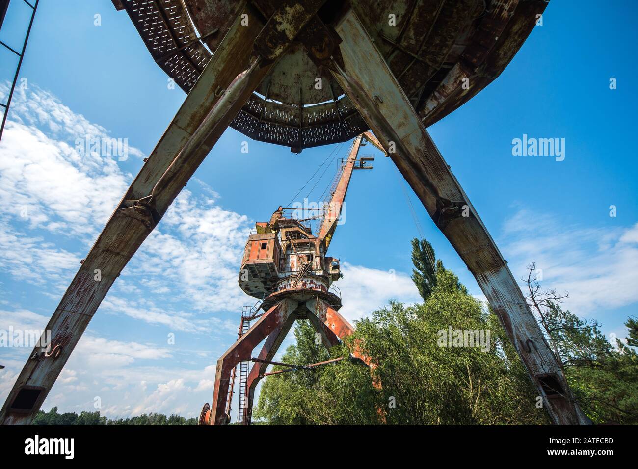 Old crane over Yanov Backwater in Chernobyl Exclusion Zone, Ukraine
