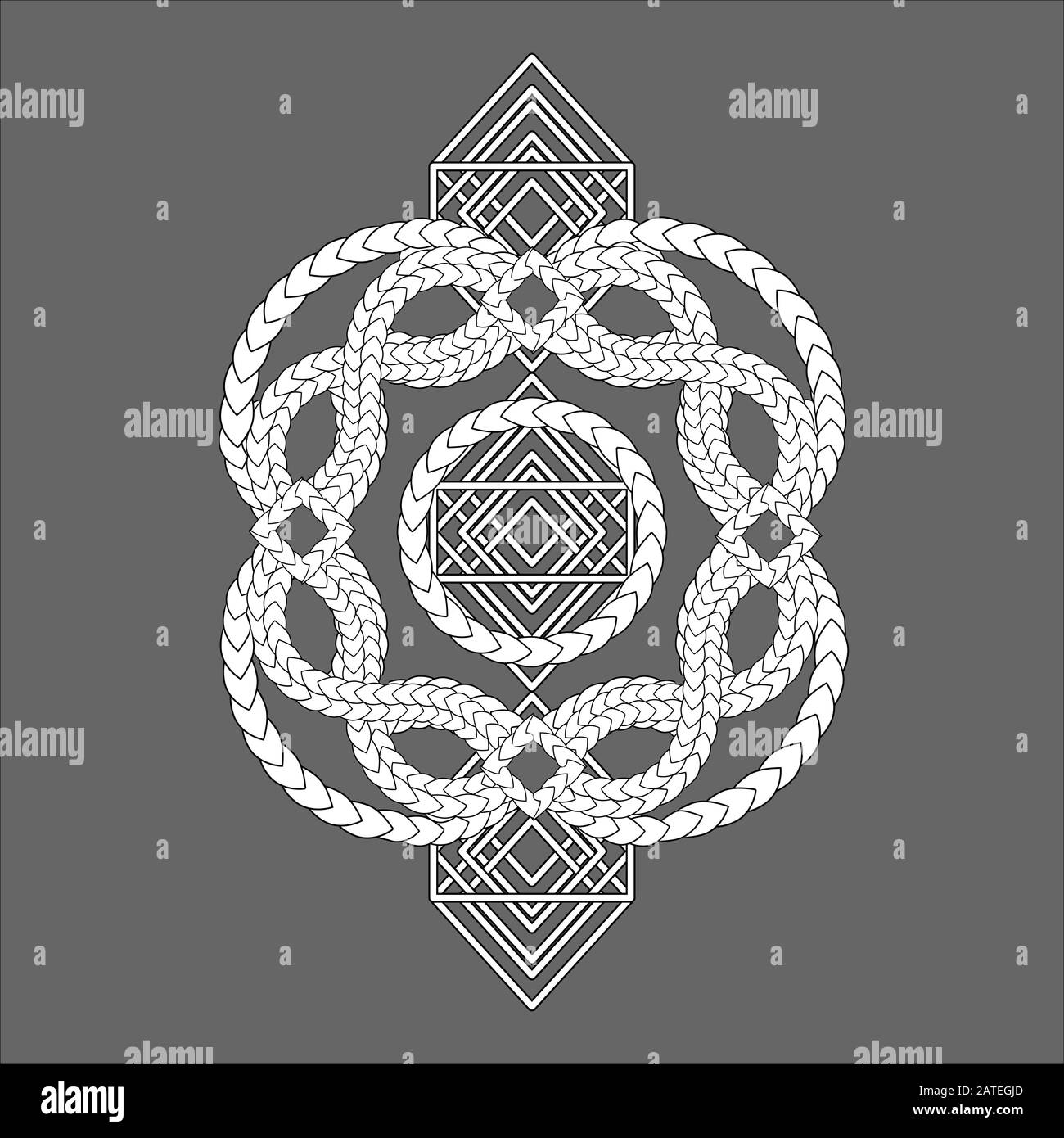 White entwined snake skins and geometric pattern on grey background Stock Vector