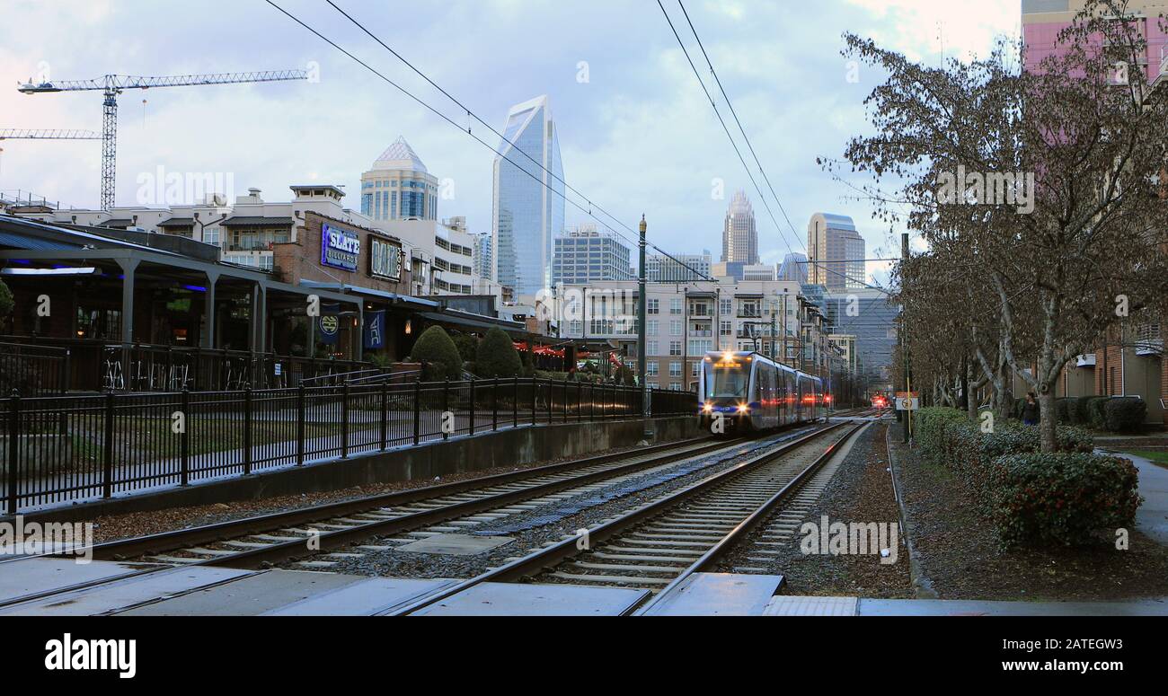 A Rapid Transit vehicle approaching in Charlotte North Carolina Stock A Rapid Transit vehicle approaching in Charlotte North Carolina Stock