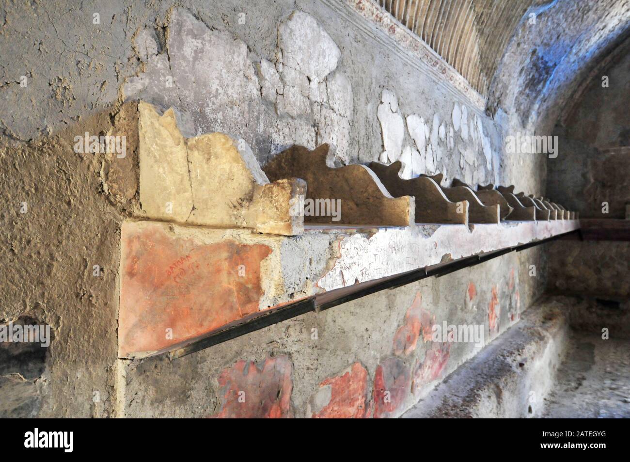 Italy, Naples, Herculaneum: Detail of Niches for storing Street Clothes in the Roman Baths Changing Room Stock Photo