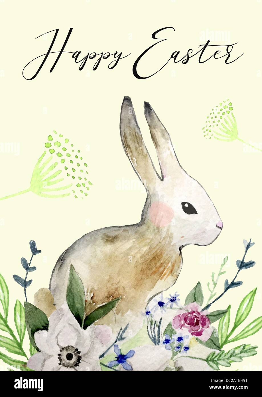 Download Easter Bunny With Flowers And Leaves Happy Easter Card With Watercolor Background Easter Design With Cute Rabbit And Text Hand Drawn Illustration Stock Photo Alamy