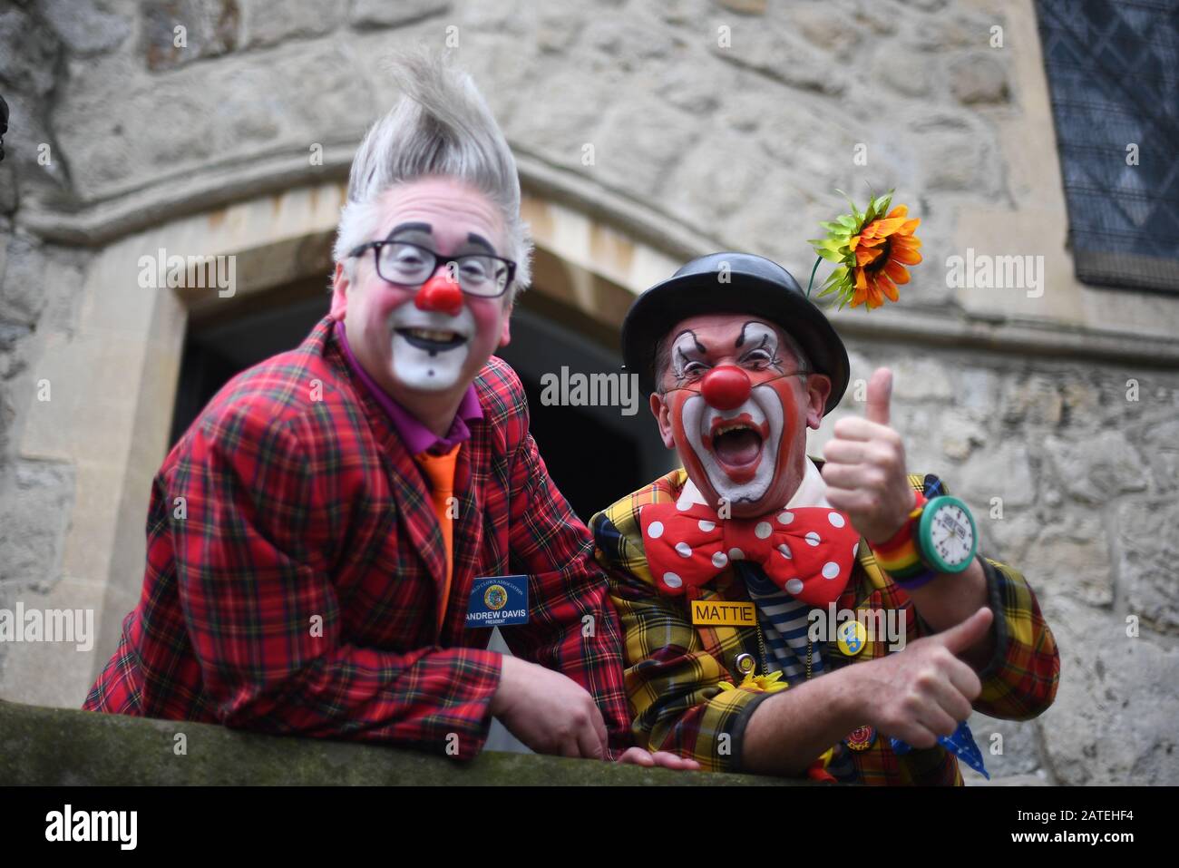 Clowns during the Clowns International annual Joseph Grimaldi memorial service at All Saints in Hackney, London. Stock Photo