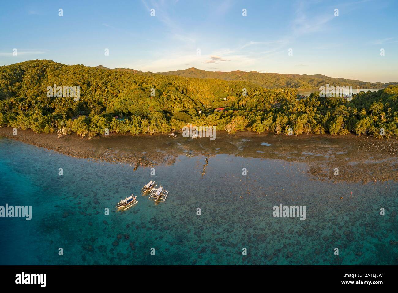 Aerial View of Outrigger canos with mangrove forest, Island Romblon, Philippines, Philippine Sea, Pacific, Pacific Ocean Stock Photo